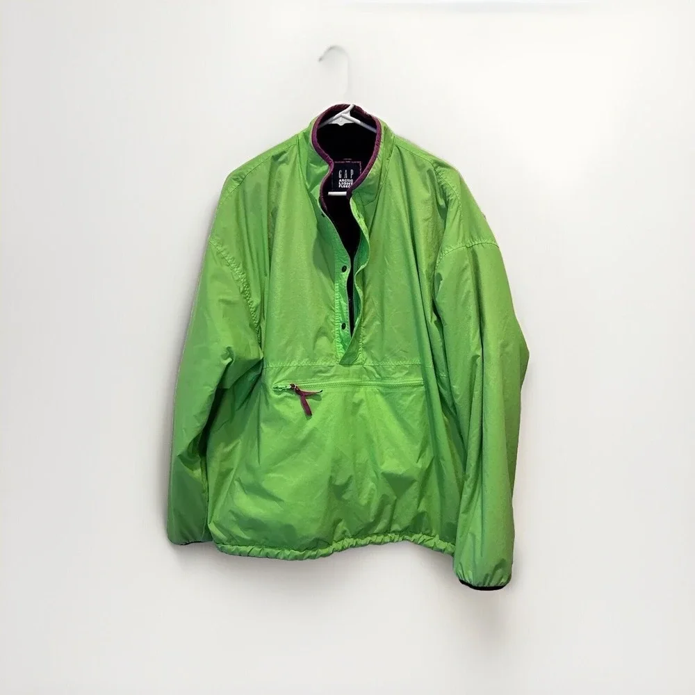 Vintage Gap Arctic Light Fleece Reversible Anorak Jacket XL Lime Green Black 90s